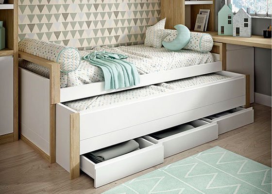 cama compacta blanca con cajones