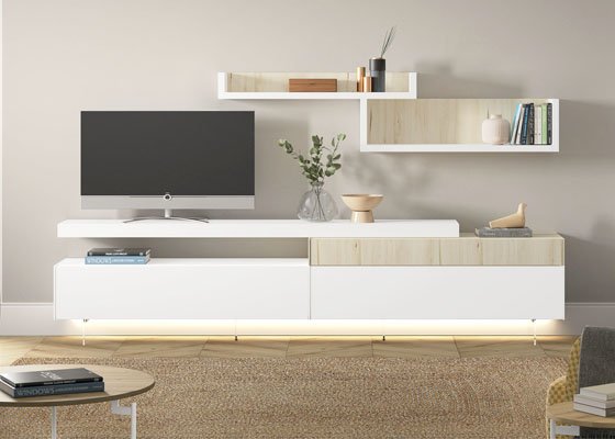 mueble salon Roble artesano Caliza Marmol oro.