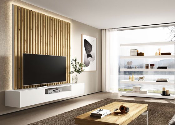 mueble tv roble artesano y blanco seda