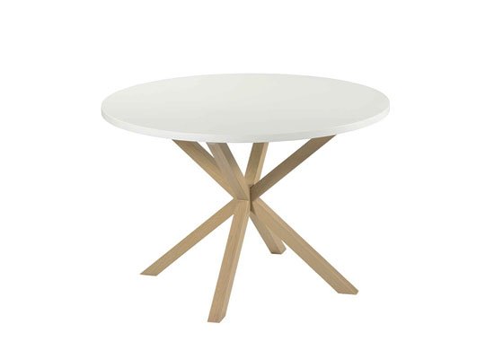 mesa redonda patas de madera encimera blanca