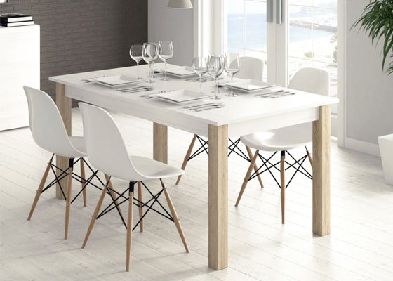 mueble mesa rectangular extensible comedor madera melamina moderno economico roble blanco