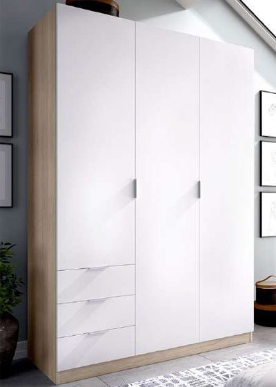 Armario 3 puertas abatible 3 cajones 184x121x52 blanco roble